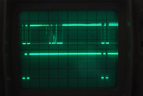 Oscilloscope trace with noise in the waveform