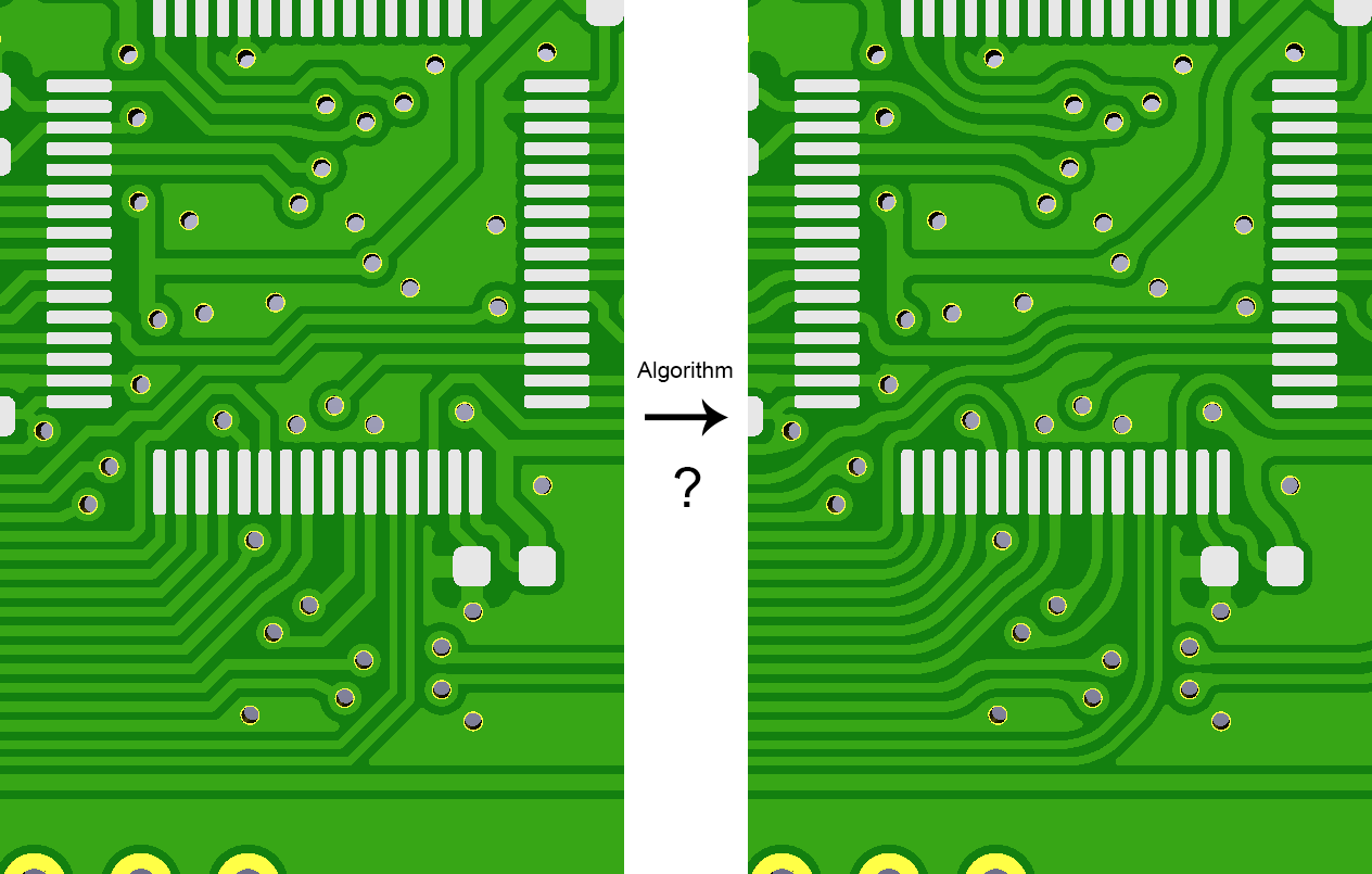 A PCB before and after the melting process of some mystery algorithm
