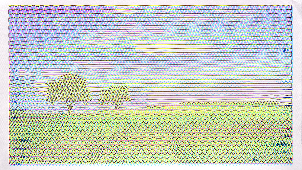CMYK plot of a field with trees and blue sky