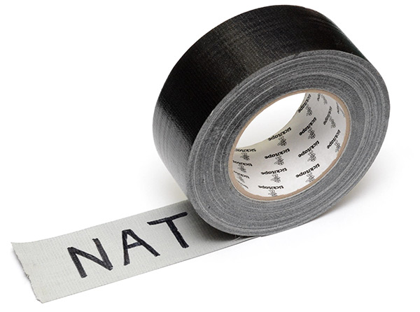 Roll of duct tape with NAT written on it