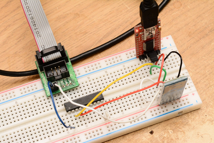 An ATtiny chip and the HC05 chip on a breadboard
