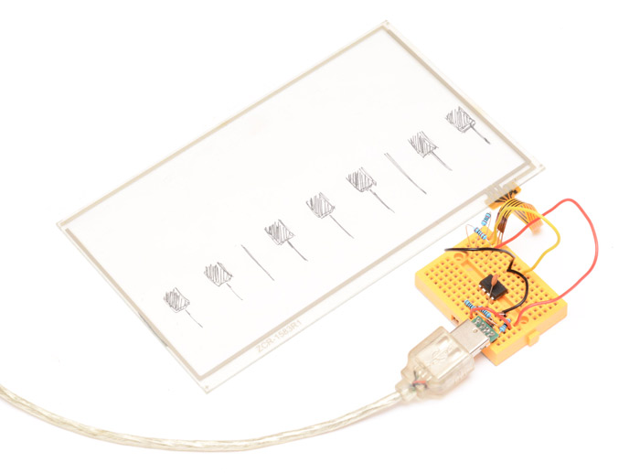 Circuit on a breadboard with working touchscreen as ribbon controller