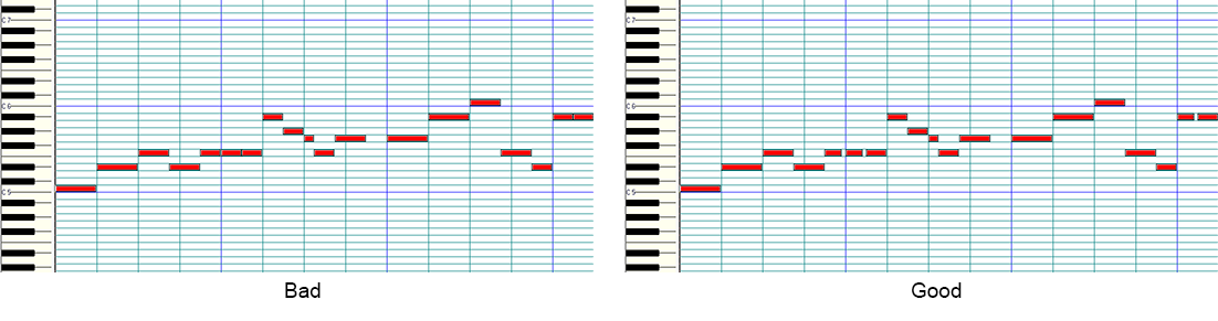 Two screenshots of MIDI notes, one of which has slurred notes shortened