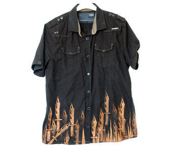Shirt with many bleach-stenciled flaming knives