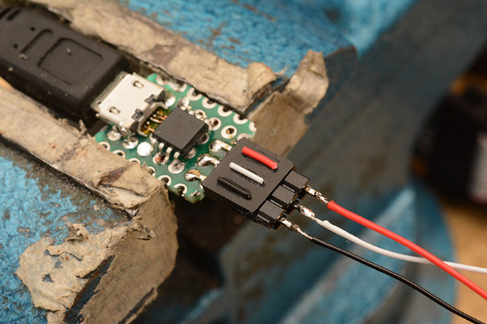 The prototype circuit with connection wires colour-coded