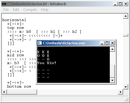 Screenshot of tic tac toe running in infrabuck